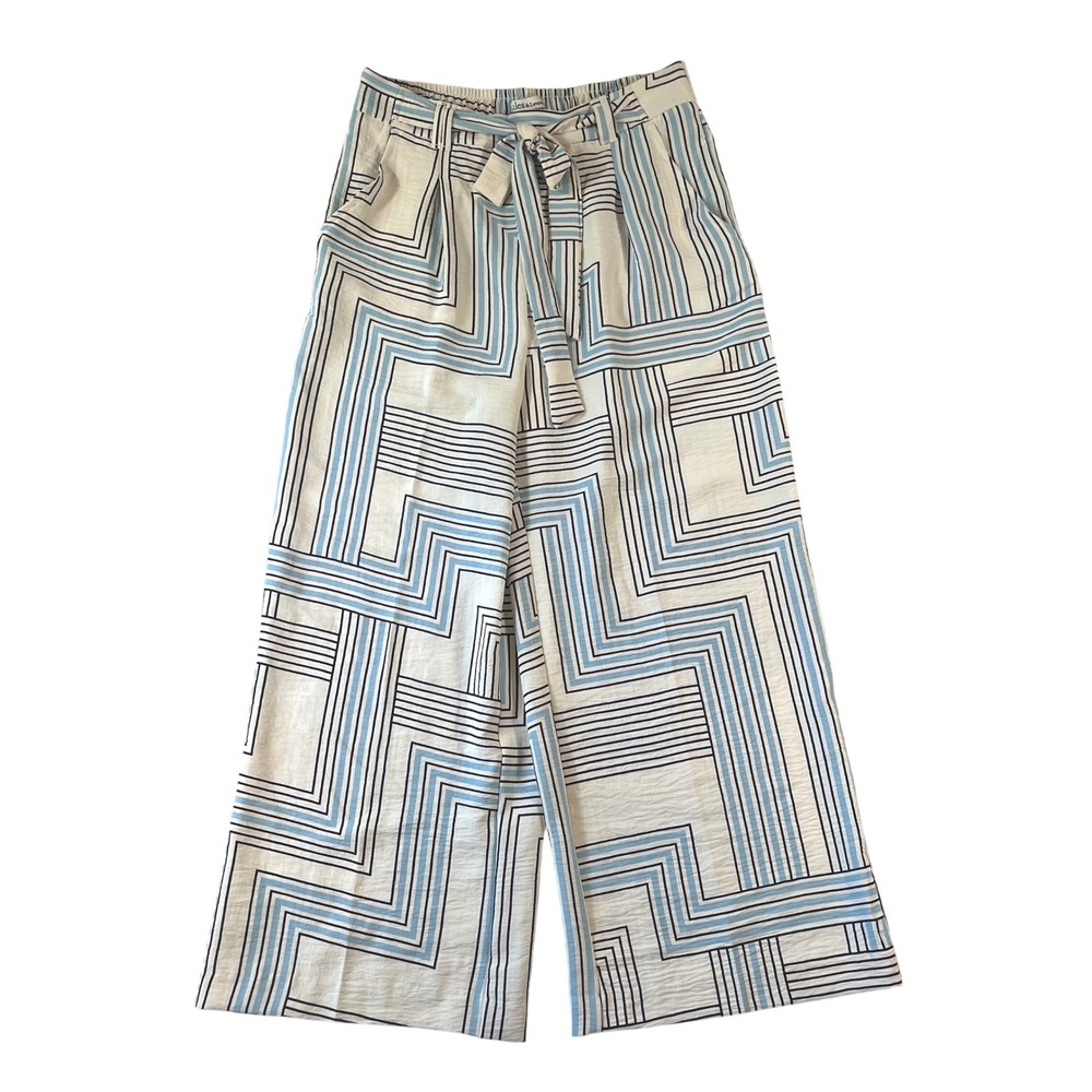 Jules & Leopold Crop Pants Small Wide Leg Blue White Geometric Tie Belt